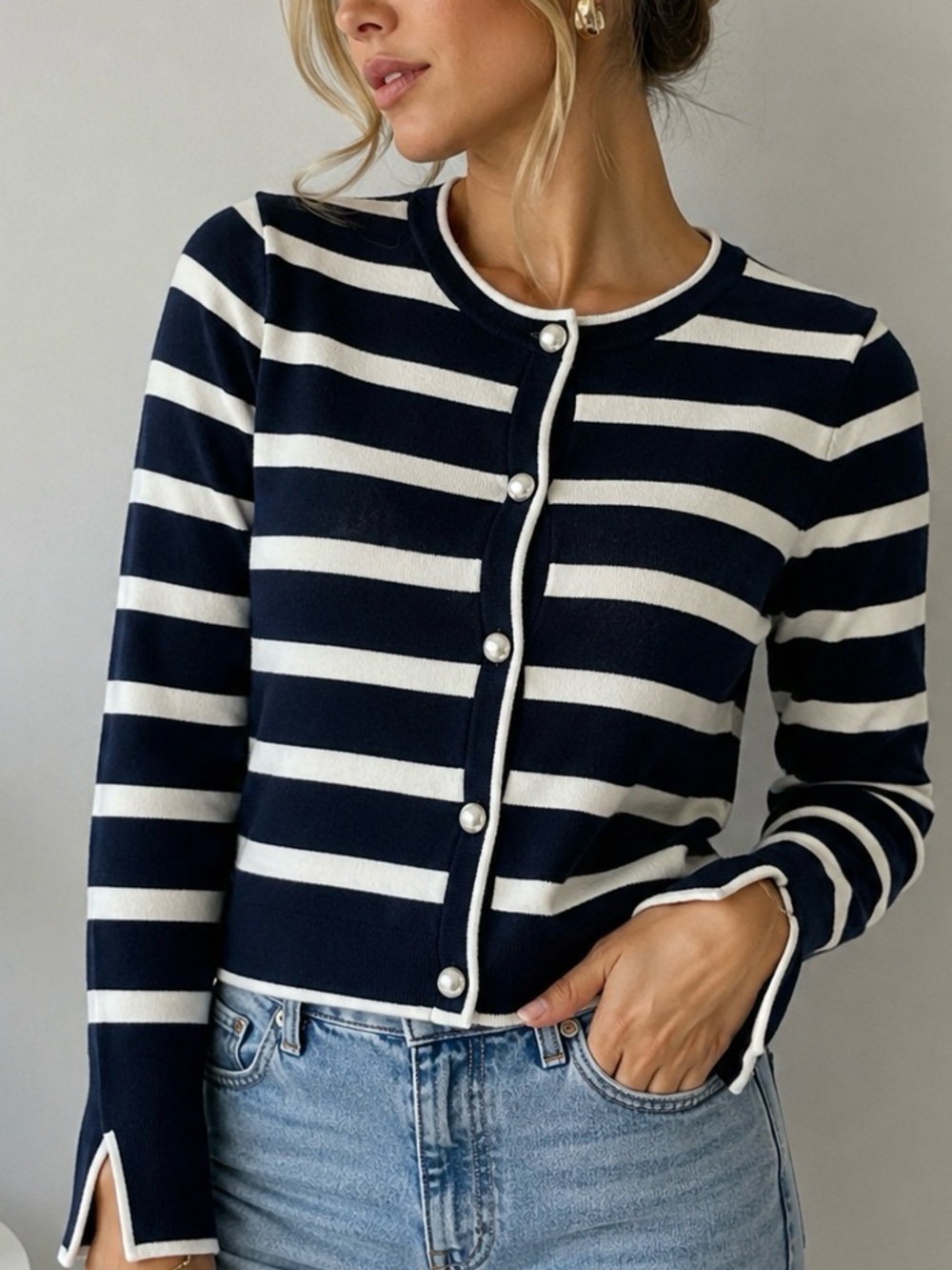 Zara Navy Ivory Stripe Pearl Button Cardigan Knit Sweater S Preppy French Girl